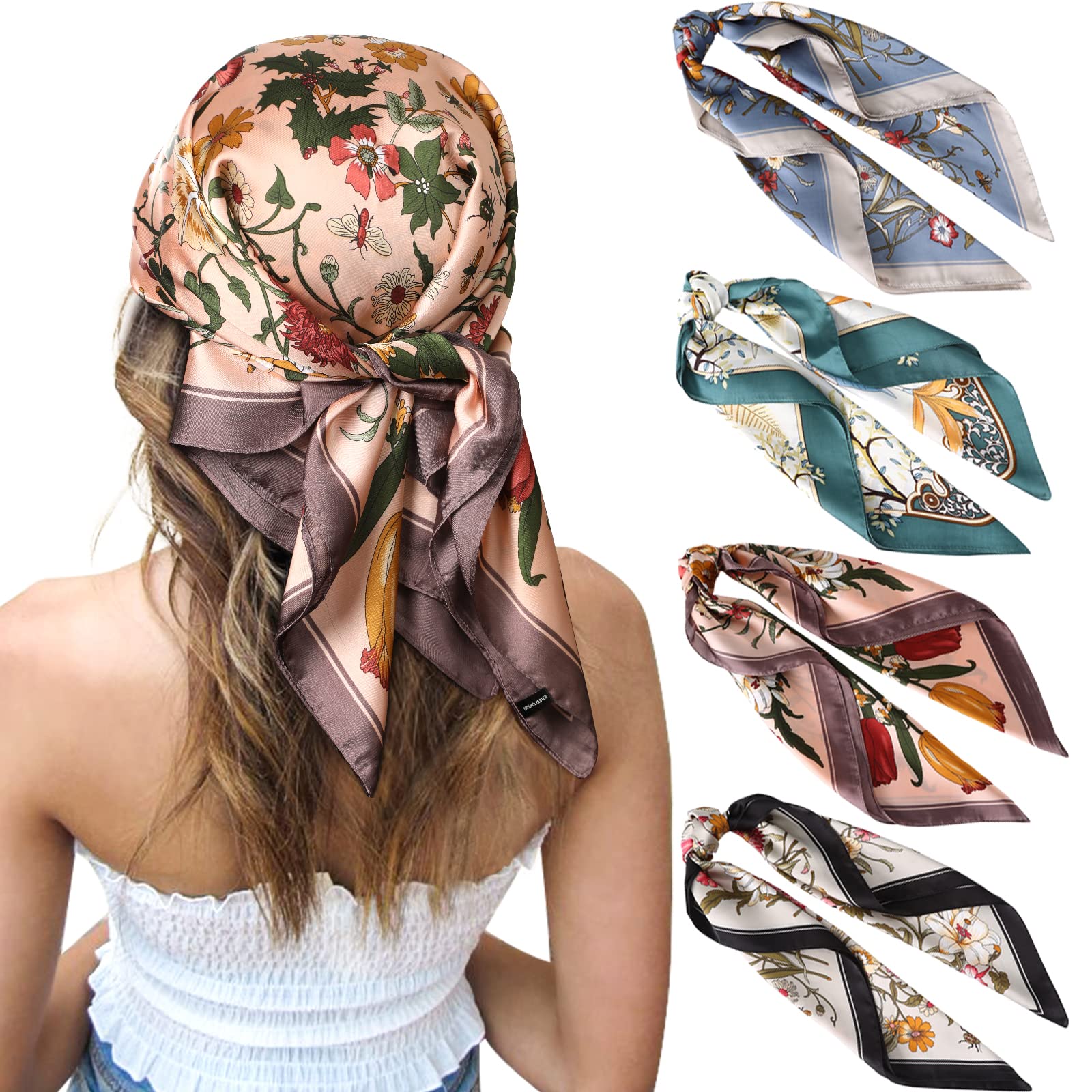 SANNIDHI® 27 Inch Silk Feel Square Head Scarf - 4 Pcs Satin Square Head Scarves for Women Hair Bandanas-Multicolor SANNIDHI® 27 Inch Silk Feel Square Head Scarf - 4 Pcs Satin Square Head Scarves for Women Hair Bandanas-Multicolor